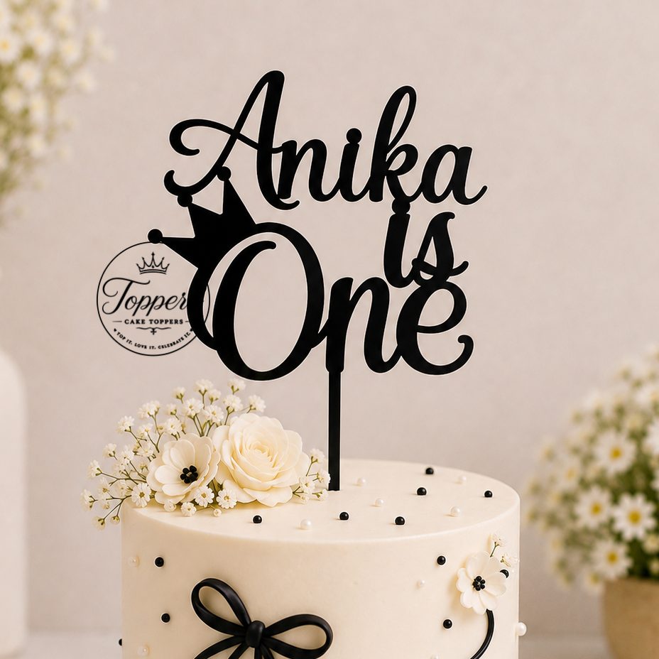 A frosted birthday cake with black polka dots, a black bow, and white floral decorations, topped with a black 'Anika is One' cake topper. The cake sits on a white and black round base against a light beige background with blurred white flowers in the background.