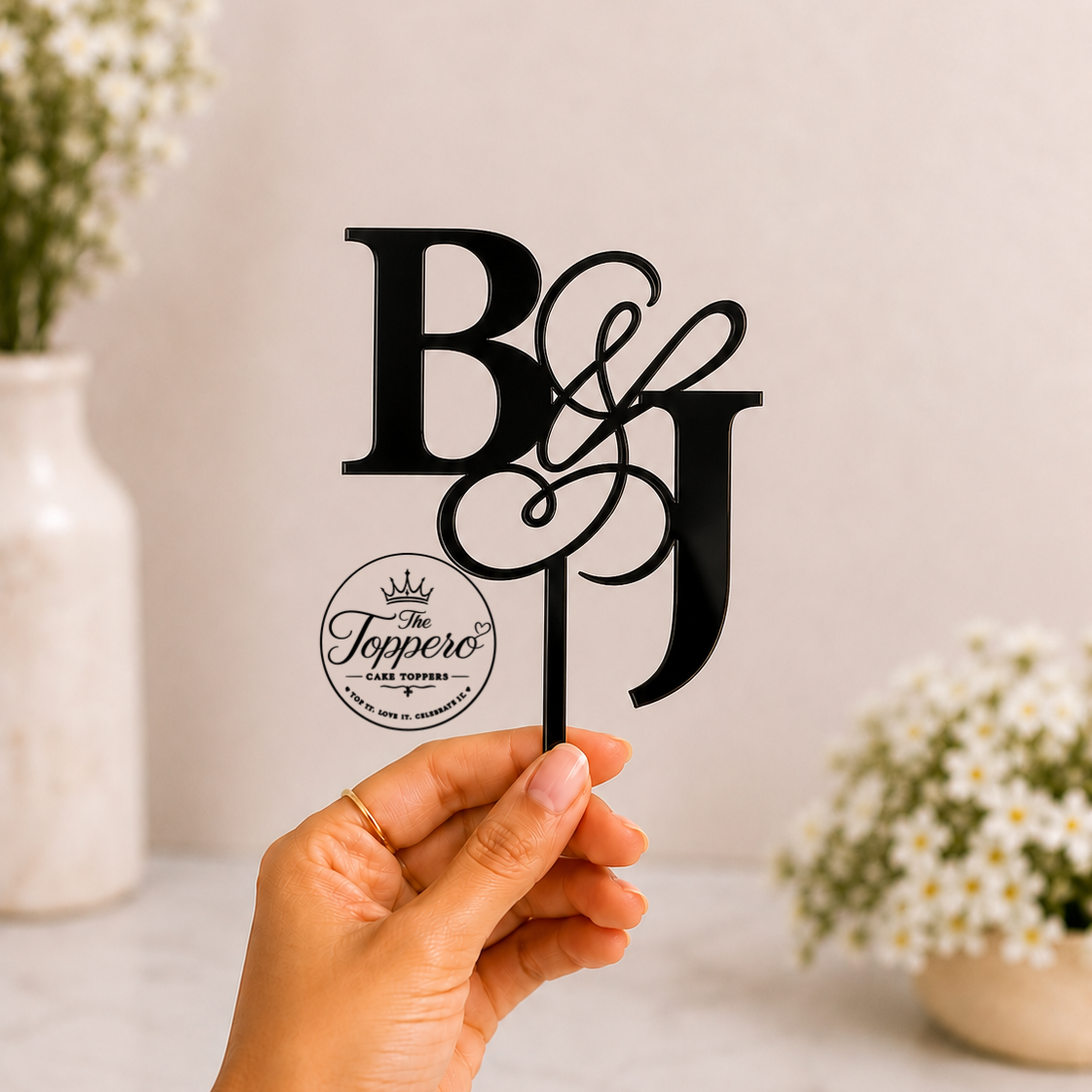 A hand holds a black acrylic monogram cake topper featuring the initials 'B & J' in a decorative script. A circular logo for 'The Tuppero' is printed on the stem.